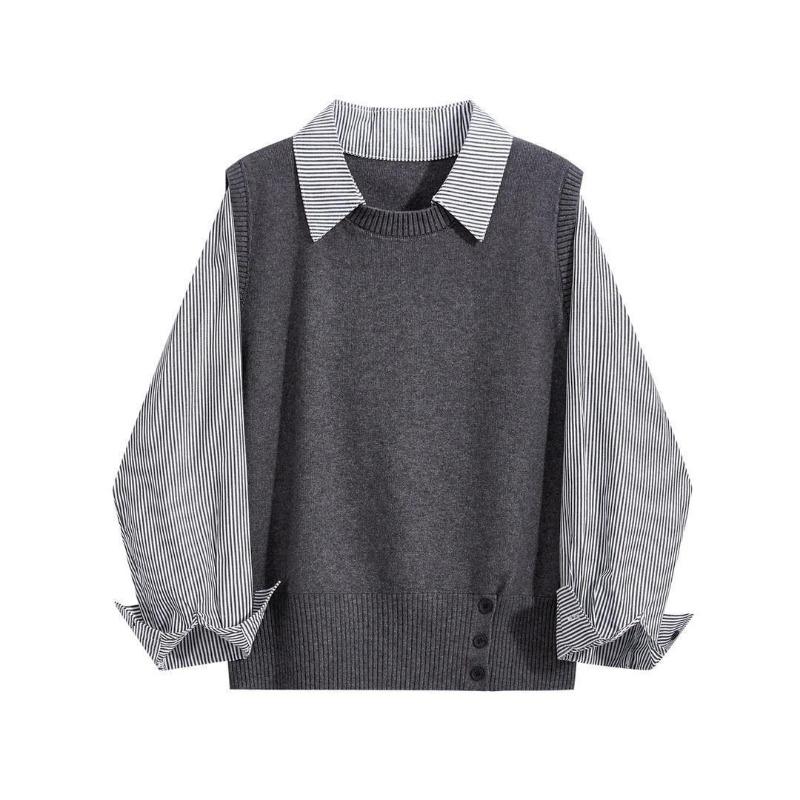 Autumn Winter Korean Commuting Splicing Striped Short Top Polo Collar Fake Two-piece Long-sleeved Sweater for Women