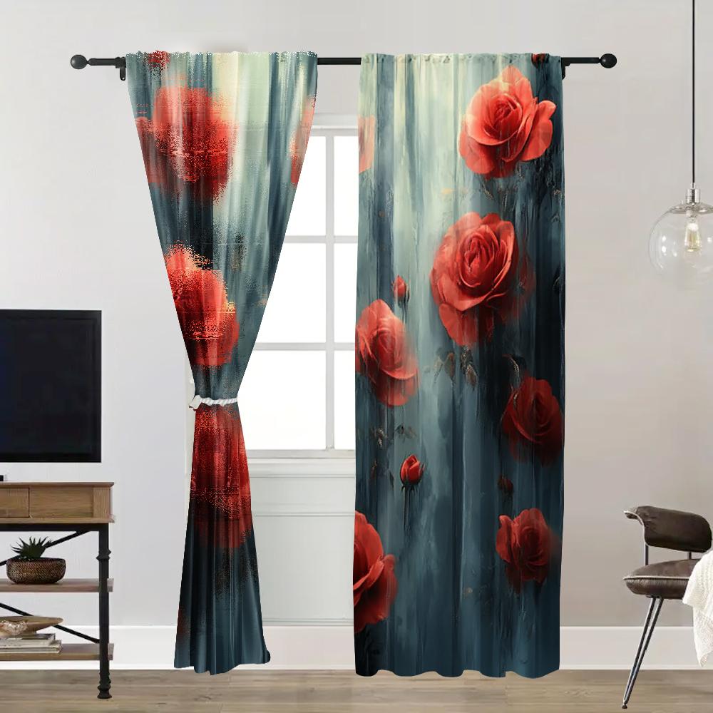 2pc,  Valentine's Day Window Treatment Curtains Rose Pattern Versatile Fabric,Without Electricity Family Party for Indoor