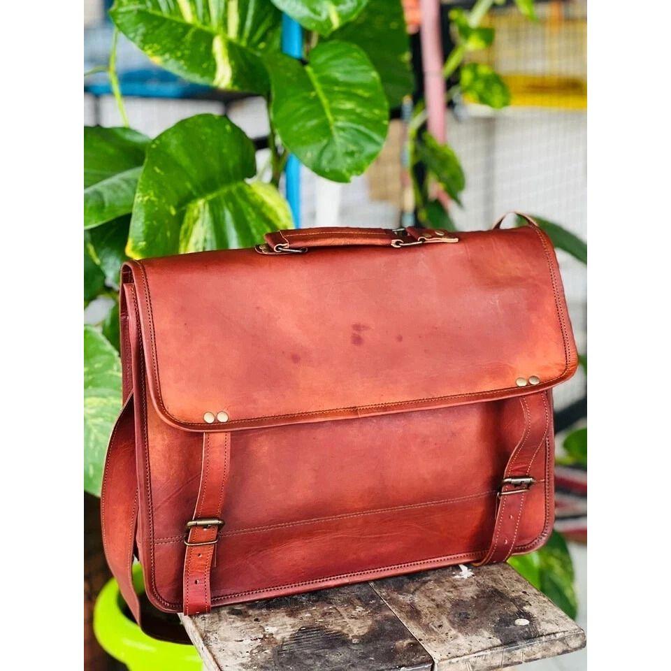 Goat Leather Vintage Laptop Big Storage Bag Handmade Men's