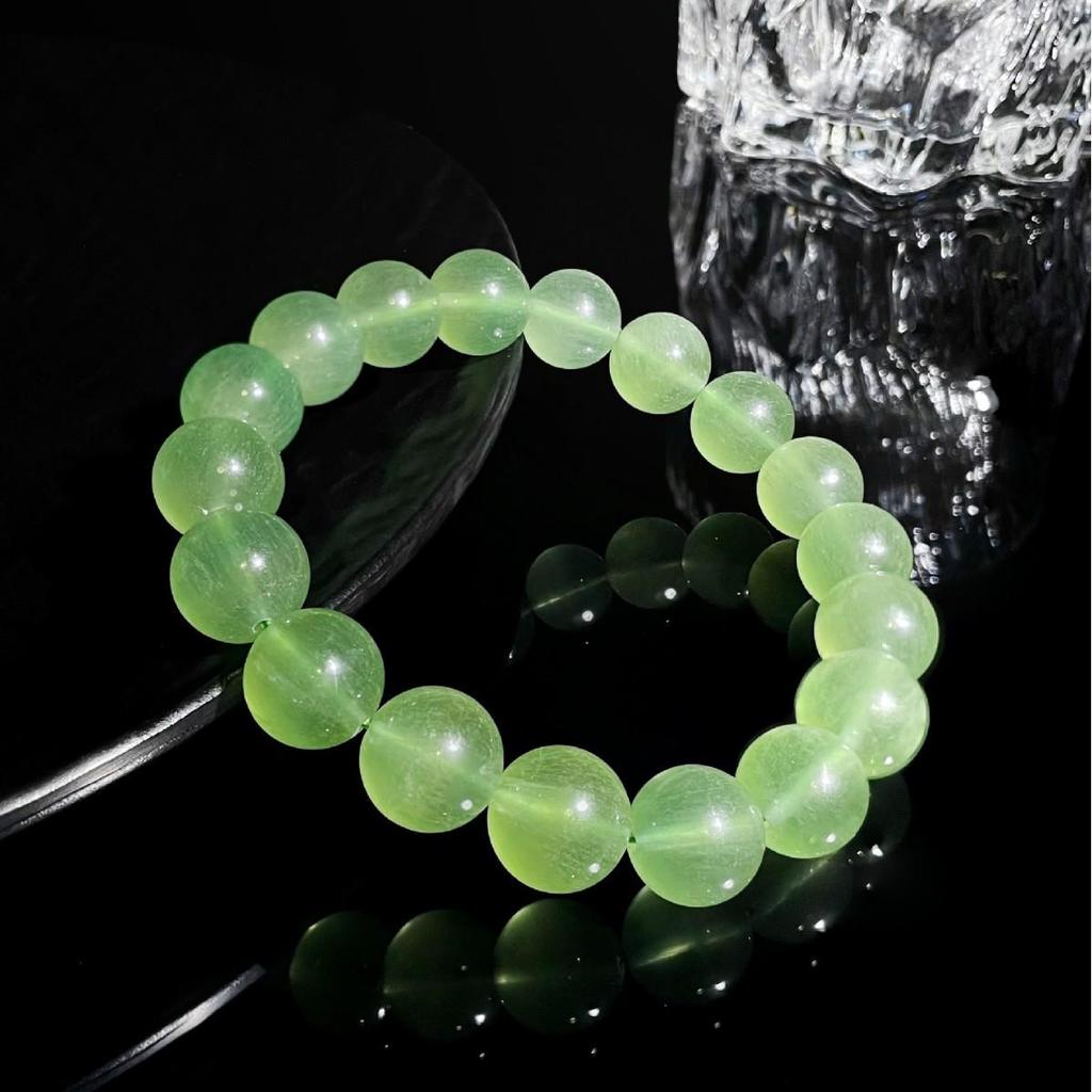 Jingxi Collection: Natural Icy Green Fluorite Crystal Bracelet - Round Bead Design