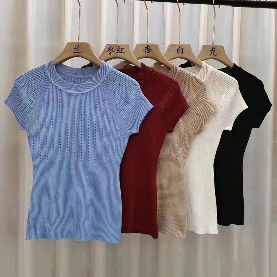 Ageing Round Neck Hollow Vertical Stripes Short-sleeved Knit Shirt Summer Simple Youth Thin Tops Women Casual Essential Slim Fit Pullovers Tees