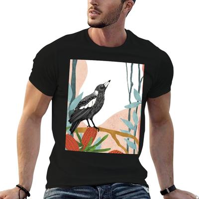 Australian Magpie Amongst Banksia Flowers Tshirt Black Cotton Tshirt Plain For Unisex Package Unisex T Shirt Designer Tshirt