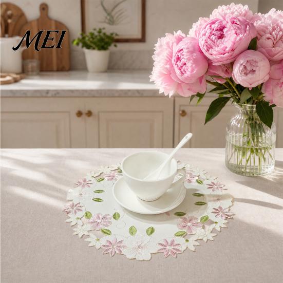 Cup Coaster Mat Embroidered Flower Placemat, Round Floral Heat Resistant Table Dinner Plate Placemat Protector for Dining Vase Wedding Party