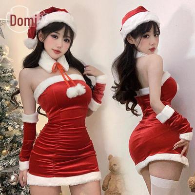 Domi Samt Weihnachtskaninchen Mädchen Cosplay Kostüm - Sexy Damen Schal & Neujahrs Kampfrobe für Bühnenperformance