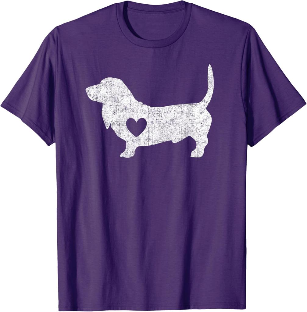 Basset Hound Heart Silhouette Distressed Graphic Tee Cotton Casual Short Sleeve T-Shirt for Men Women