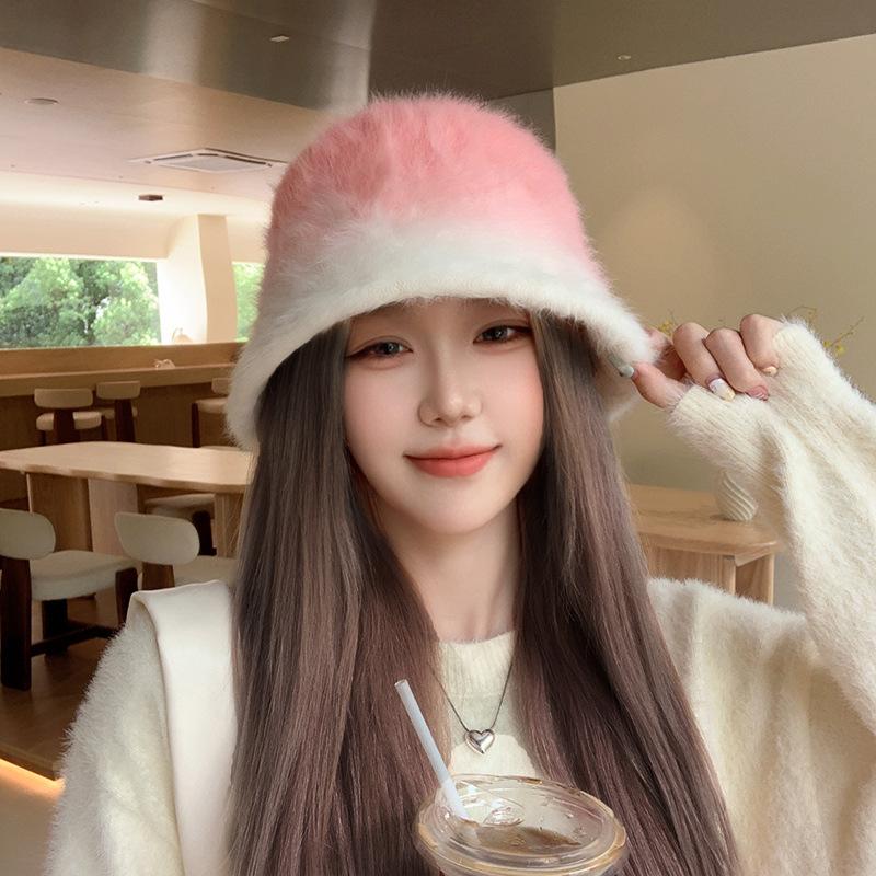 Rabbit Mao Mao Bucket Hat 2025 New Women's Autumn and Winter Big Head Circumference Temperament Warm Fluffy Bucket Hat Shows Small Face