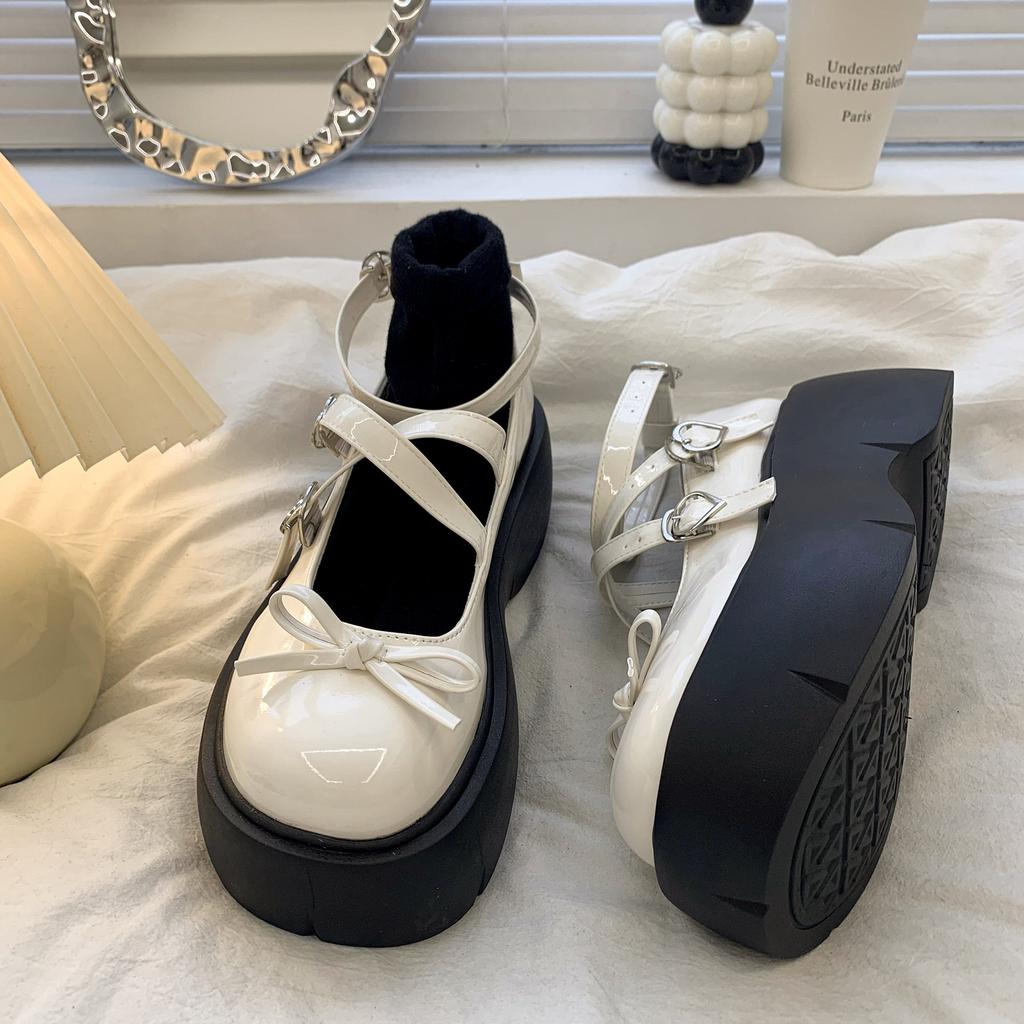 Sweet Girl Jk Small Leather Shoes Women'S Cross Buckle Loafers~ Spring, Summer And Autumn Wear 7Cm Mary Jane Single Shoes