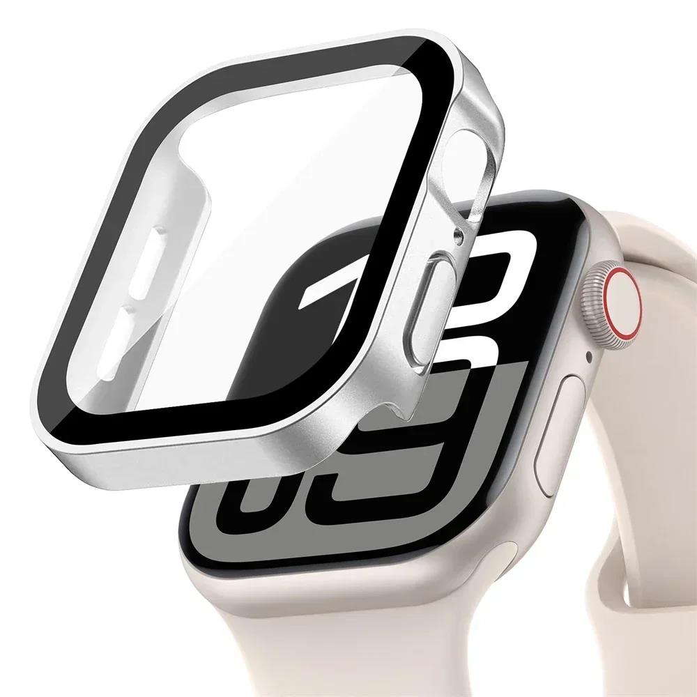 Glass+Case For Apple Watch 42mm 46mm 45mm 41mm 44mm 40mm Straight Edge Screen Protector Cover Case iWatch SE 3 6 7 8 9 10 11 7