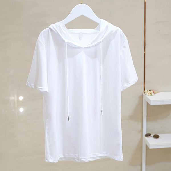 

Women s Summer New Japanese and Korean Fashion Solid Color Short-sleeved Large Version Hoodie Simple Slim Base Shirt for Women 2XL білий