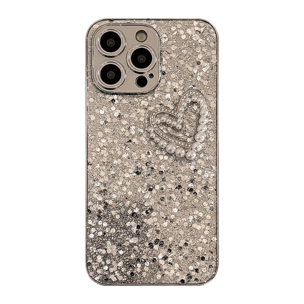 Glitter Pink Three Dimensional Pearl Love IPhone 14 Mobile Case 13 Apple 16 ProMax Glue 11 Glitter Powder 15 Applicable