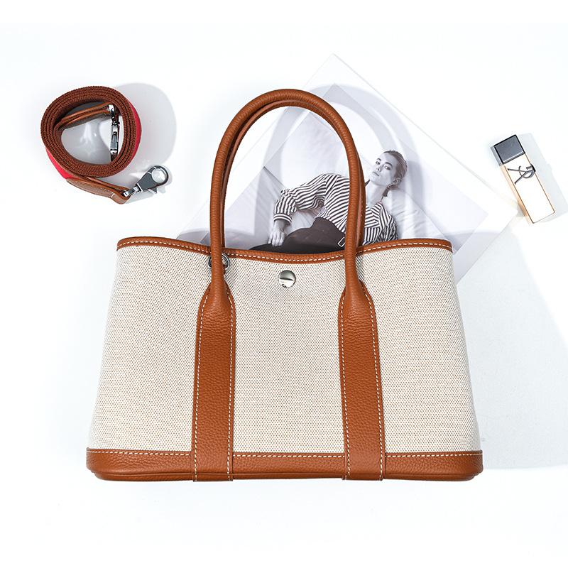 Niche high-end women's leather handbag, first-layer cowhide large-capacity canvas contrasting color garden tote bag