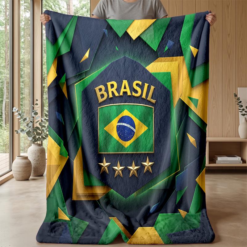 Brazil Football Printed Flannel Blanket Skin Friendly Warm Decorative Throw for Indoor Couch Bed Daily Use