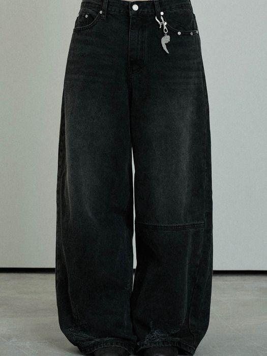 

БУТИ НА ВЕРШИНІ Пошкодження подолу Брелок Широкі джинси з деніму (Чорний) 2