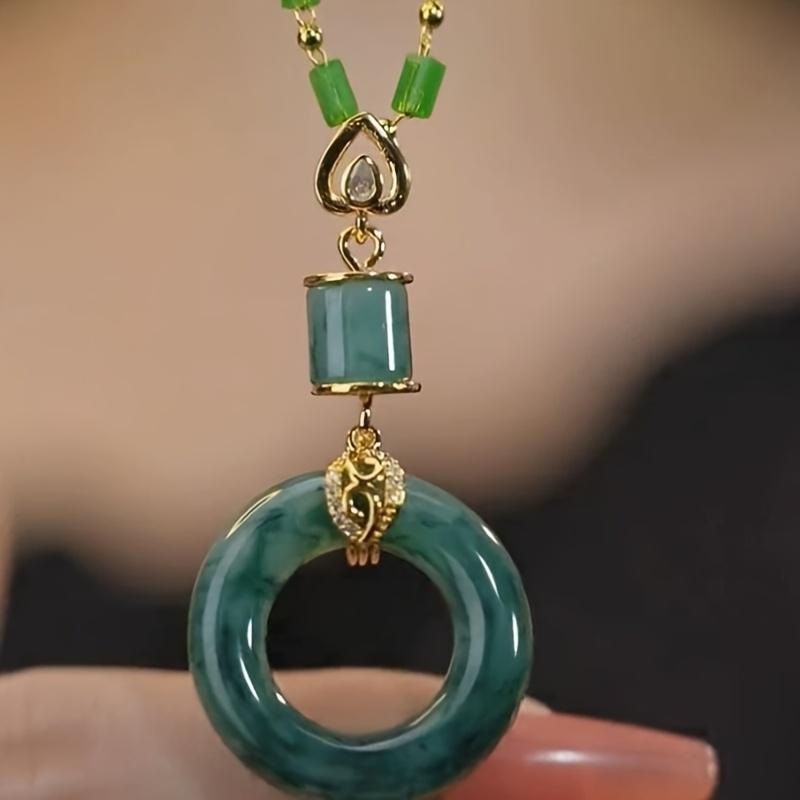 2025 New Retro Bamboo Bead Necklace with Safety Buckle Clasp - Green Resin Chain & Cubic Synthetic Zirconia Pendant, Versatile Collarbone Chain