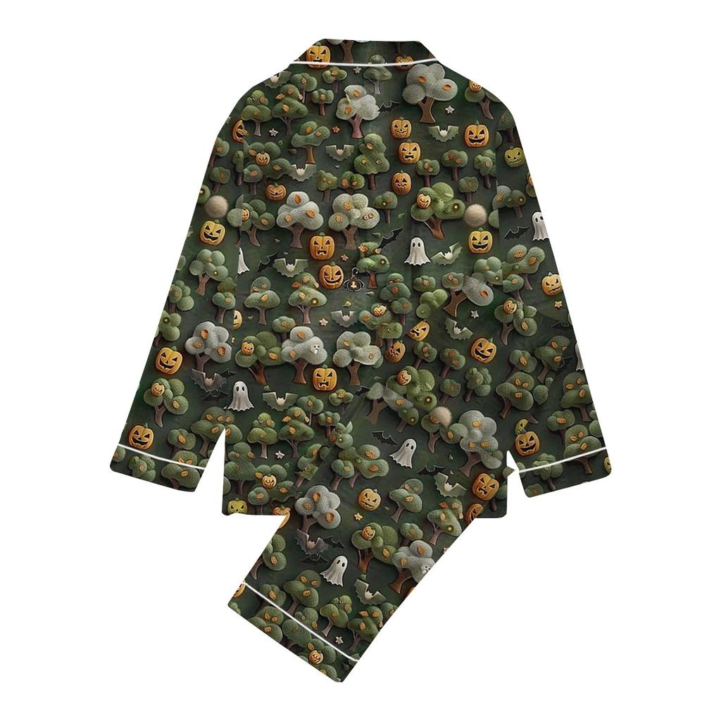 2-teiliger bedruckter Damen-Anzug, langärmelig, Oberteil mit Knopfleiste, weite Hosen, Anzug-Set, Schlafanzug, Home-Casual-Anzug