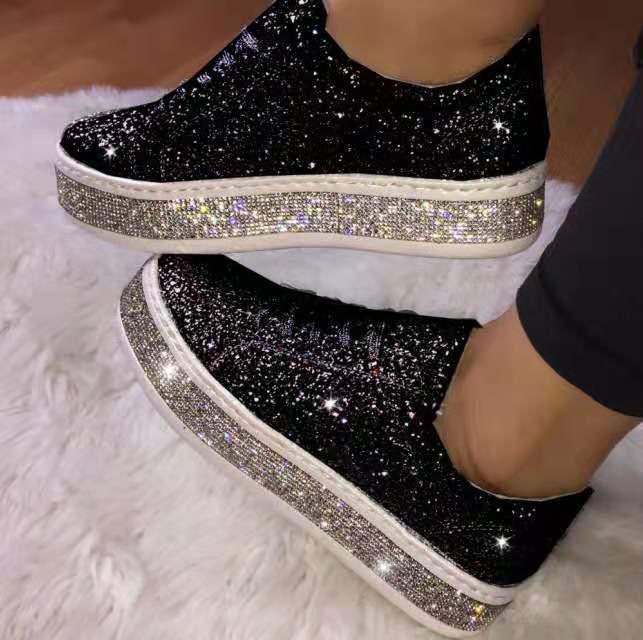 Spring Fashion Rhinestone Sequin Women's Plus Size Lace-up Flat Shoes