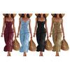Summer Women Long Dress Solid Color Wide Straps Pleated Midi Dress Breathable Casual Sleeveless Slim Fit Above Ankle Length Dress