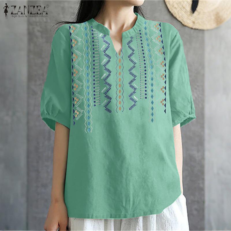 ZANZEA Women Casual V-Neck Summer Short Sleeve Print Blouse