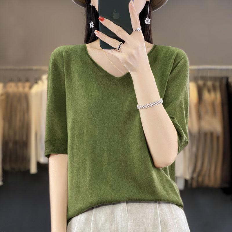 Camiseta de manga corta de verano para mujer, mezcla de 50 % seda morera y poliéster | Top informal ligero, transpirable y ajustado