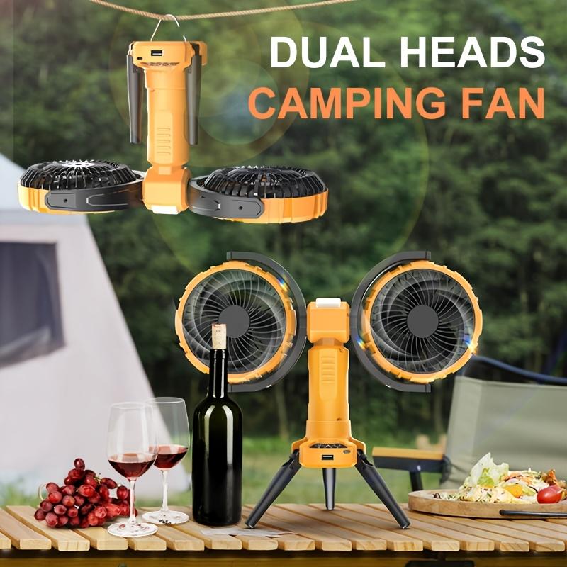 Dual Head Oscillating Outdoor Fan with Built-In Power Bank, Adjustable Speeds Brightness,360° Rotation,Hangable Design for Camping,Picnics,Camping Fan