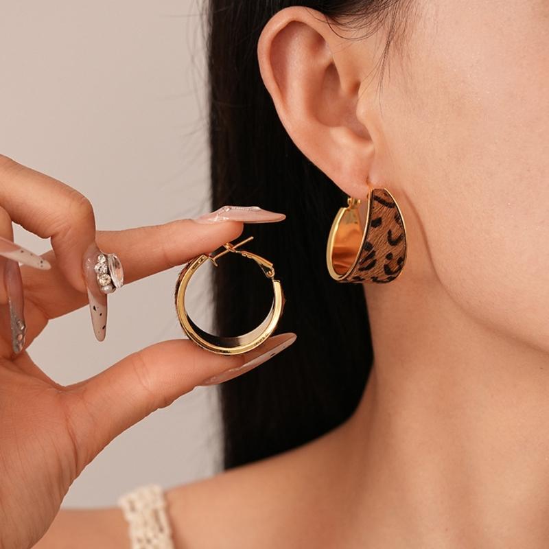 Oversized Retro Leopard Pattern Circular Earrings Artistic Geometric Ear Accessories Statement Jewelry Gift For Her