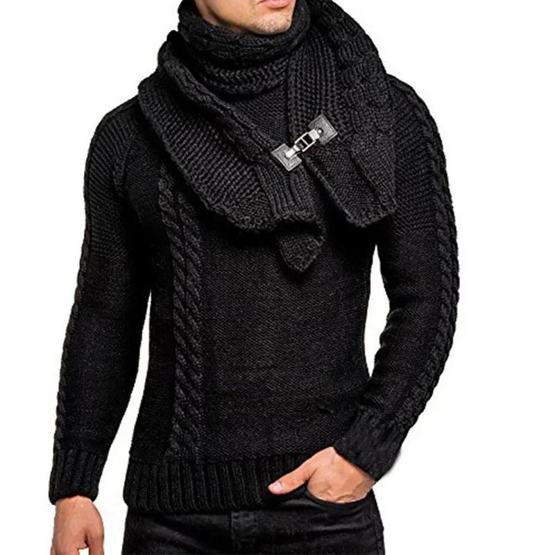 Winter Men's Fashionable Knitted Sweater with Detachable Scarf Twist Pure Color Casual Pullovers