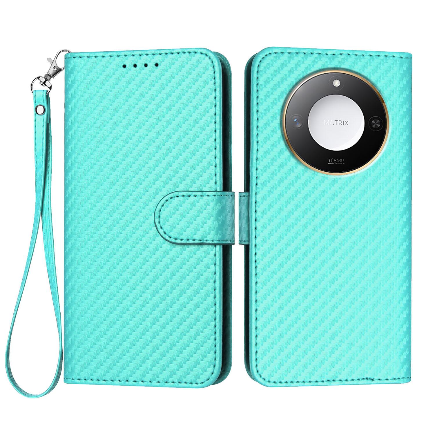 

For Honor X60 5G/Honor X9c Smart 5G Wallet Case with Strap Carbon Fiber Texture Leather Mobile Cover Light Blue
