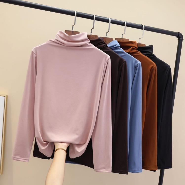 Ladies Winter Tops Women Slim Fit Long Sleeve Thick Tshirt Semi High Neck Underwear for Autumn