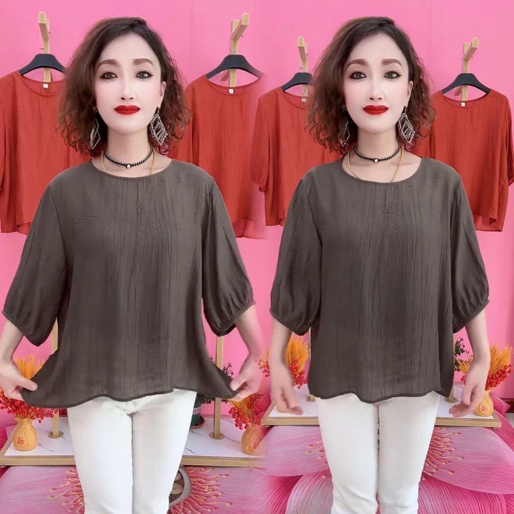 2024 Damen Tencel Baumwolle Leinen Mittellangärmelige Lockere Freizeitbluse mit Schlankmachender Bauchkontrolle für Mittelalte und Ältere