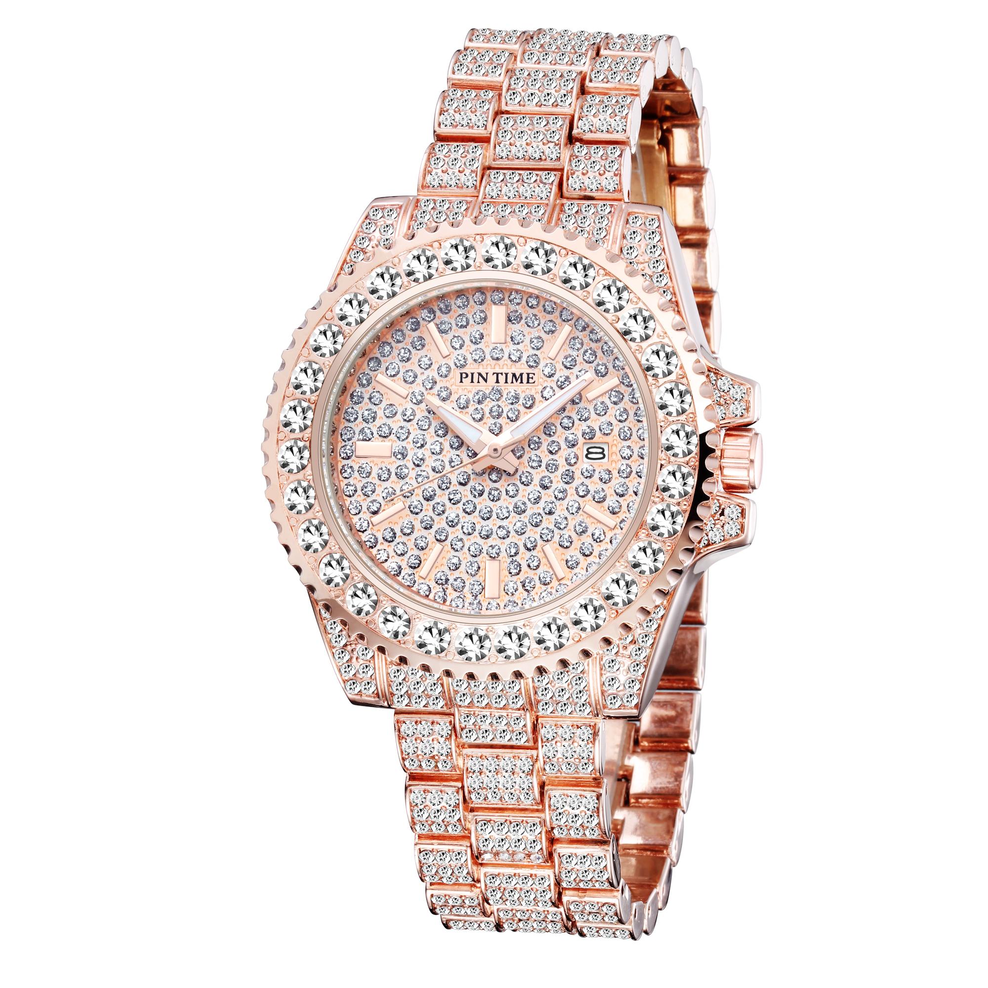 

Роскошные золотые часы для мужчин Iced Out Watch мужские хип-хоп полные бриллианты мужские часы водонепроницаемые модные кварцевые наручные часы для мужчин ярко-розовый