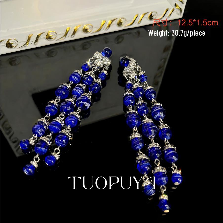 Elegant Blue Glaze Diamond Tassel Clip Earrings for Formal Gowns