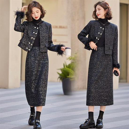 2025 High-End Women's Fashion Set: Stylish Jacket & Midi Skirt