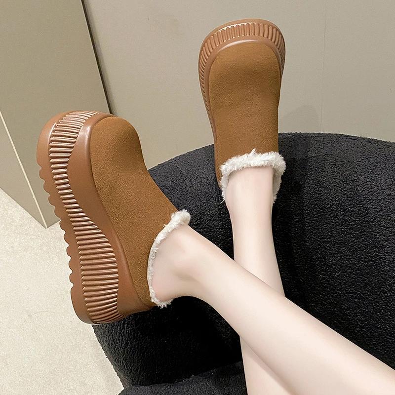 Mode Neue Plateau-Pelzpantoletten mit runder Zehenpartie für Damen Wildleder Pantoletten Baumwollschuhe Winter Lässig Kurzer Plüsch Warm 10CM Hohe Absätze Pantolette