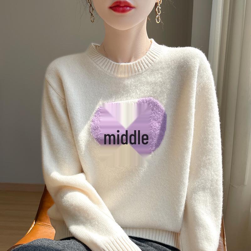 2025 Women's Heart Jacquard Wool Pullover: Autumn/Winter Fashion Versatile Round Neck Knitwear.
