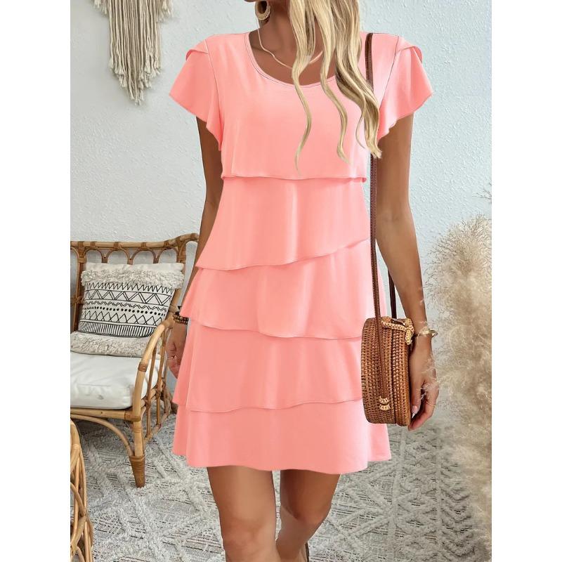 JKASHDK Women's Fashion Summer Spring Solid Color Print Short Sleeve O-Neck Middle Waistline Casual Dresses