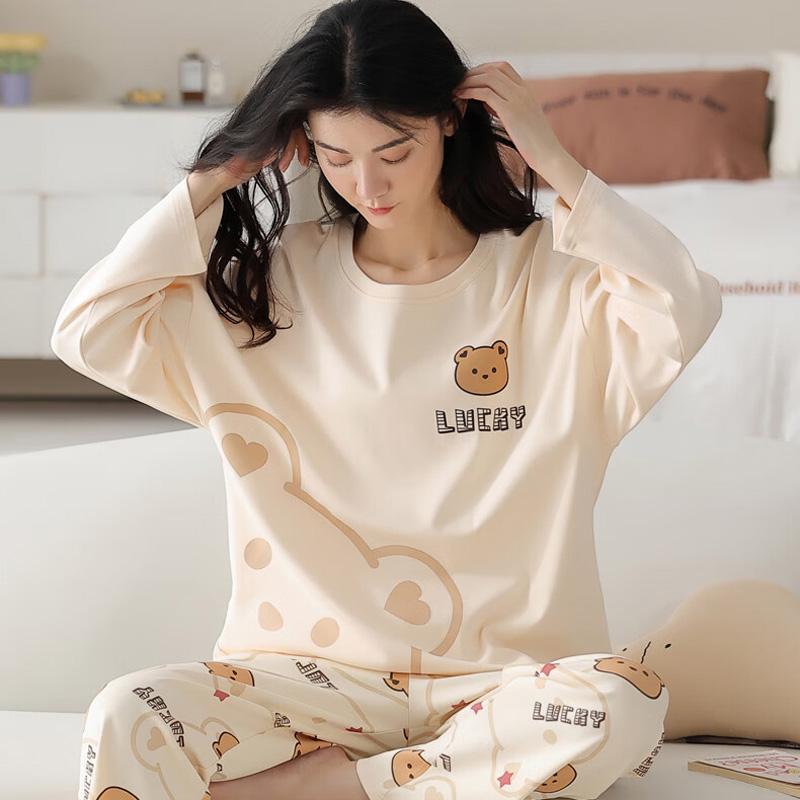 2Pcsset Women Pajamas Spring and Fall Long-sleeved Trousers Cartoon Cute Can Be Worn Outside Leisure and Comfortable Studen