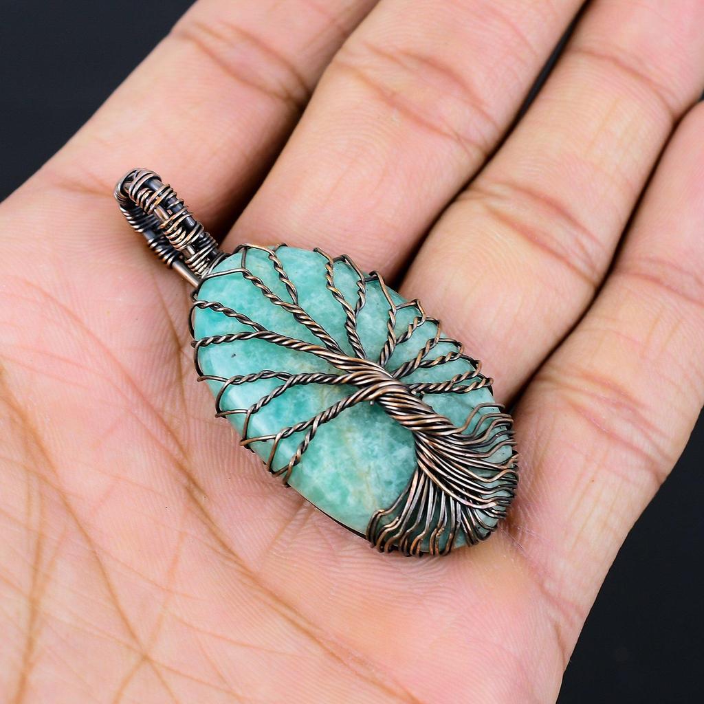 Arborele Vieții Amazonit Gemstone Pure Cupru Sârmă înfășurată manual bijuterii pandantiv pentru cadou