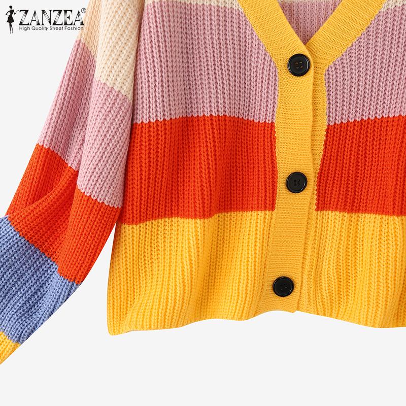 ZANZEA Autumn Spring Women V Neck Long Sleeve Colorful Striped Casual Sweaters Cardigans Knitwear