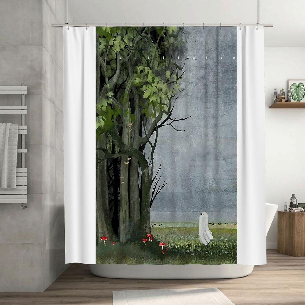 Spooky Forest Shower Curtain Gothic Halloween Decor Nature Landscape Bathroom Curtains Vintage Eerie Witchy Home Decor