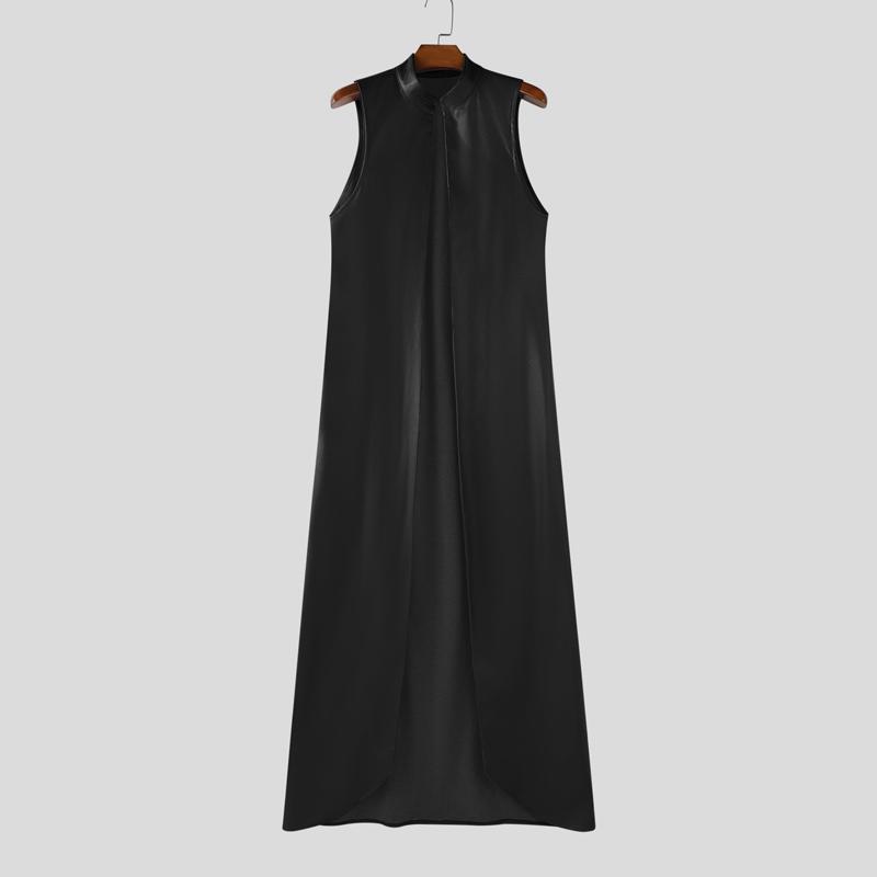 INCERUN Men Stand Collar Sleeveless PU Open Front Faux Leather Long Maxi Cardigan Coats