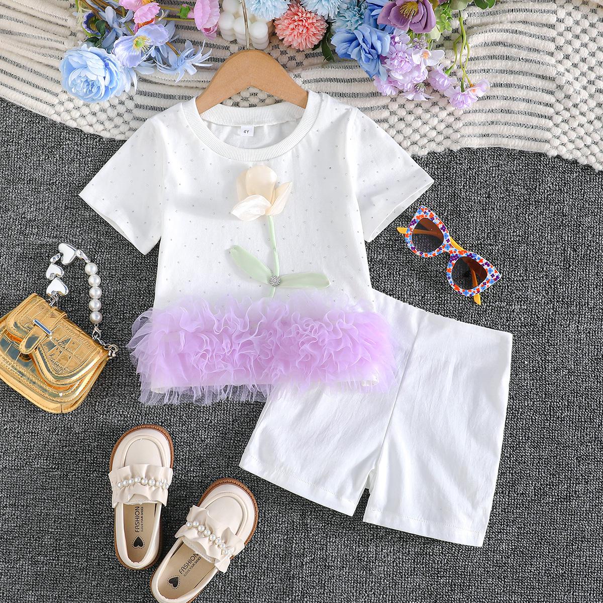 

Girls 3D Flower & Tulle Trim Top & Shorts 2Pcs Set 7Y білий