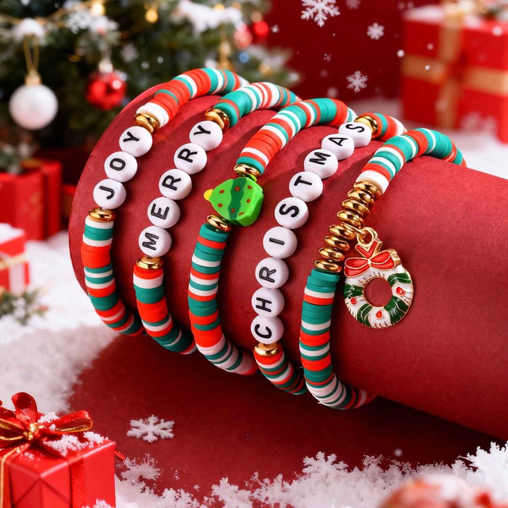 Christmas Series Stretch Bracelet Set, Stackable Colorful Beaded Elastic Bangle, Christmas Tree, Santa Claus, New Year Gift