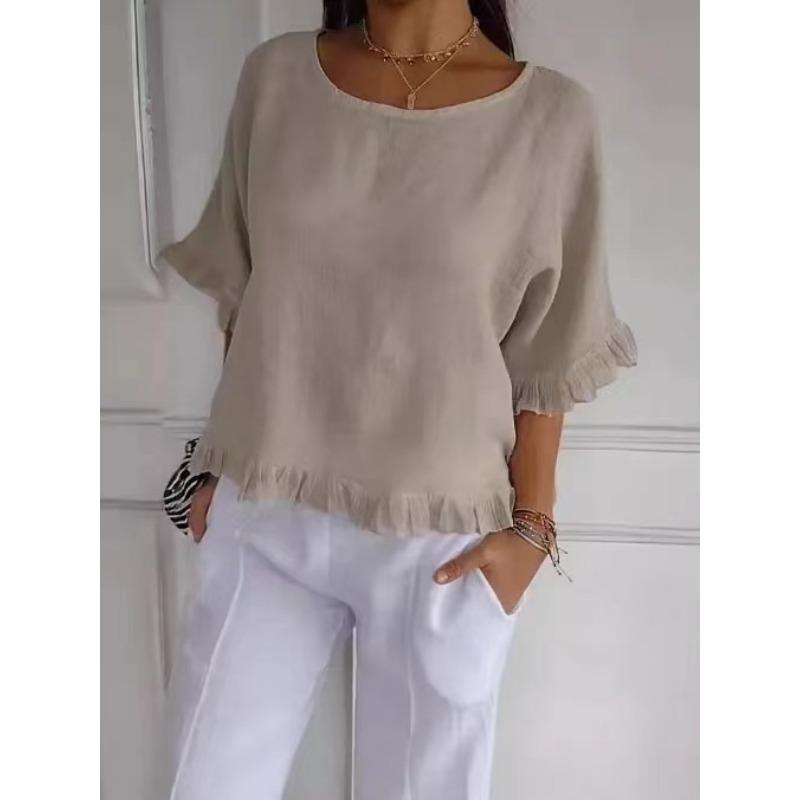 New summer women's short-sleeved round neck cotton and linen solid color loose version European and American shirts for women