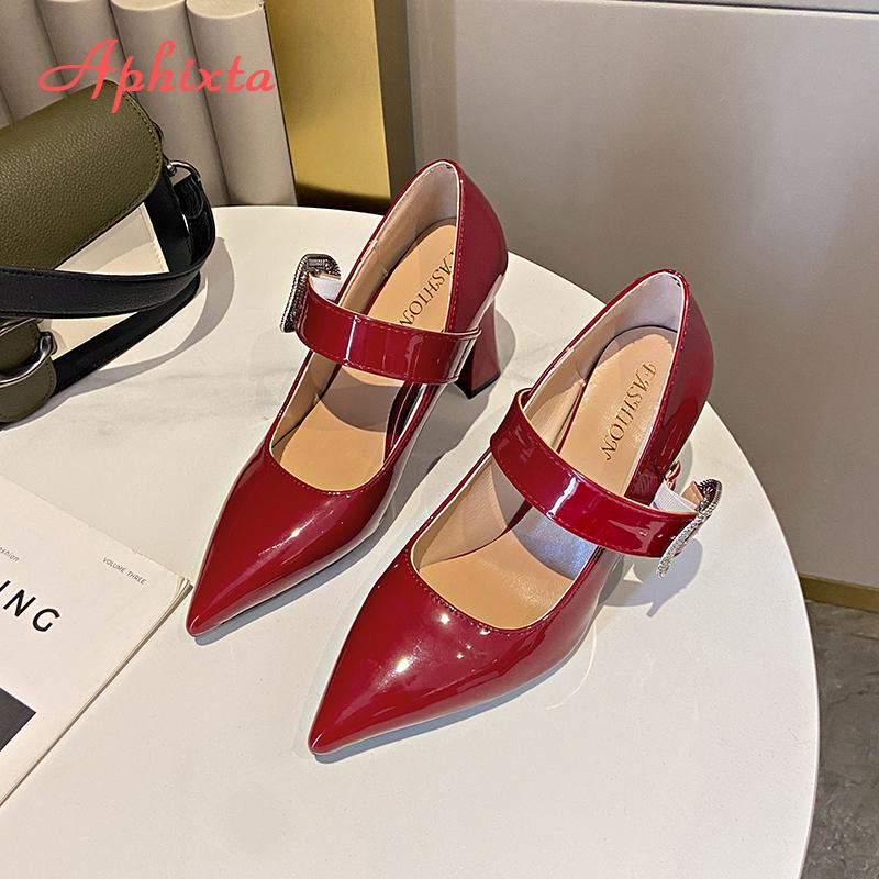 Aphixta Elegant Leather Pointed Toe Pumps Rhinestone Women Shoes Crystal Buckle High Heels Pumps Plus Big Size 35-45