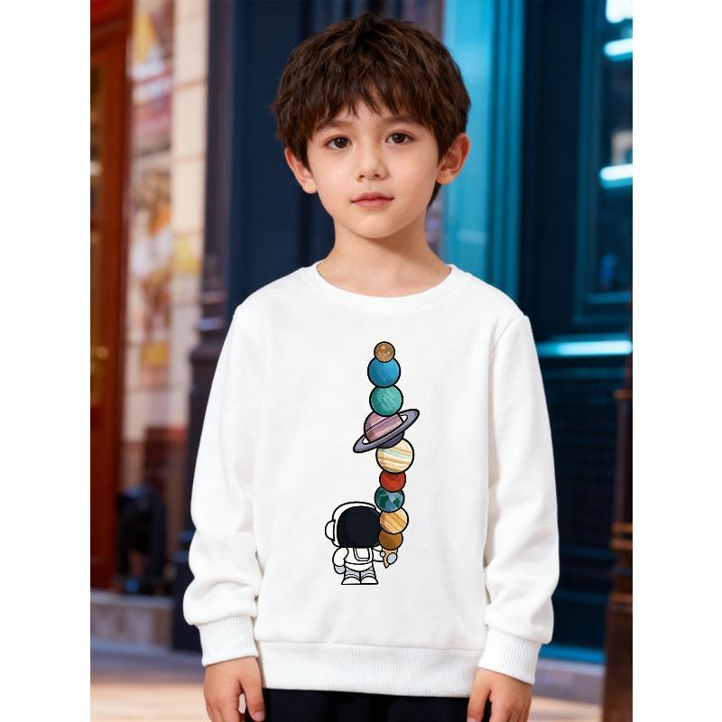 European sizes Kids' Stylish Round-Neck Pullover, Long-Sleeve Top, Featuring a Astronaut Print, Suitable for Casual Wear And Outdoor Activities