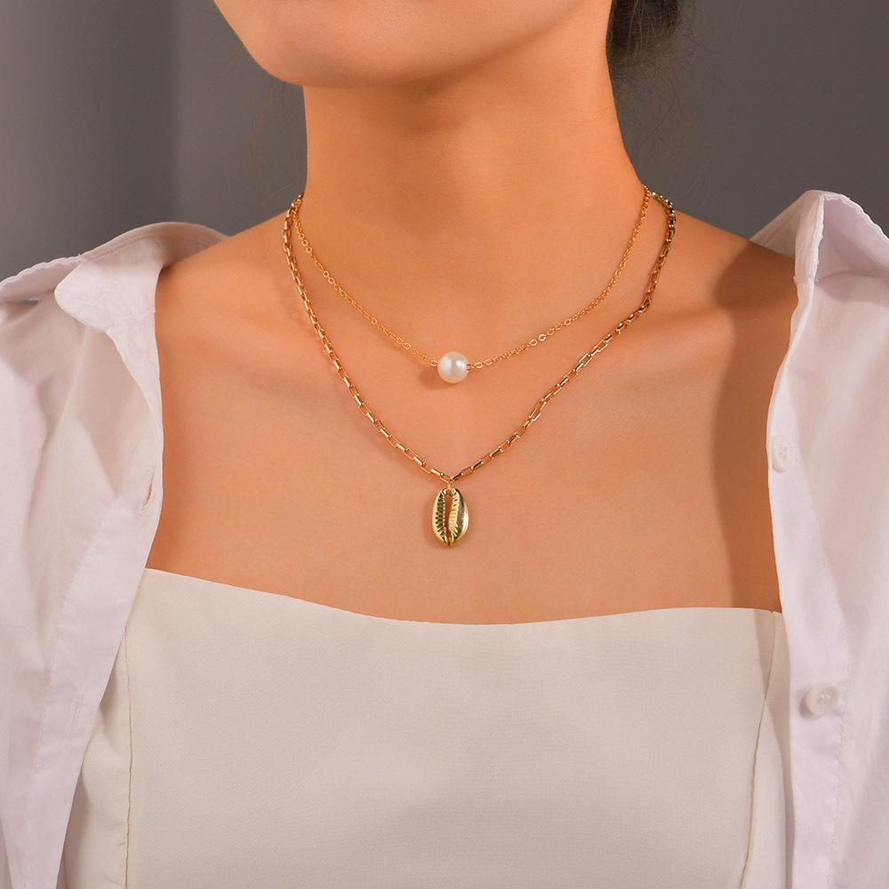 Simple, pearl necklace, metal shell, double-layer women's necklace, stacked with wind alloy necklace