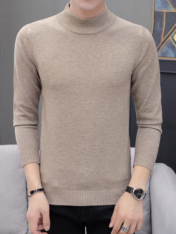 Men's Slim Fit Wool Sweater - Autumn & Winter Half-High Collar Knit Base Layer, Solid Color Trendy Design