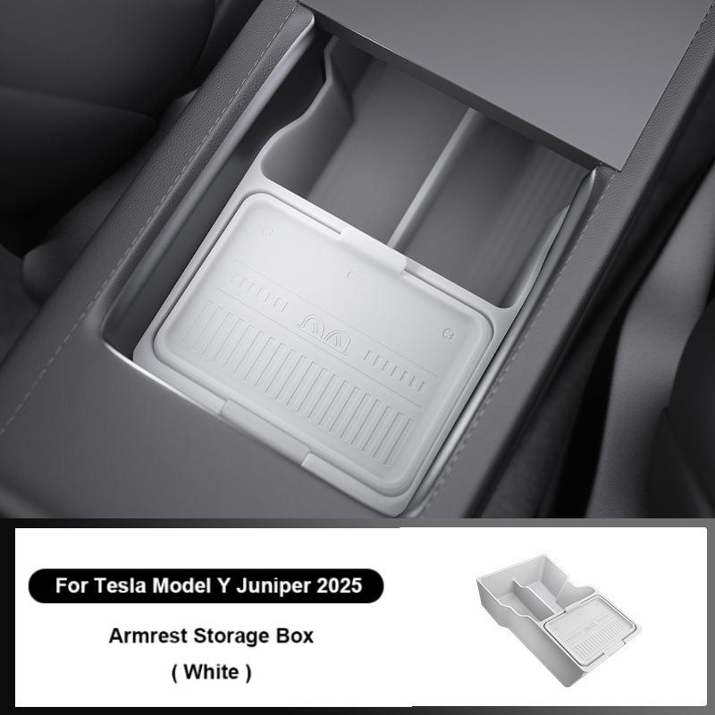 Boîte de rangement pour Console centrale de voiture Tesla modèle Y Juniper 2025, boîte de rangement pour accoudoir, plateau organisateur caché, tapis