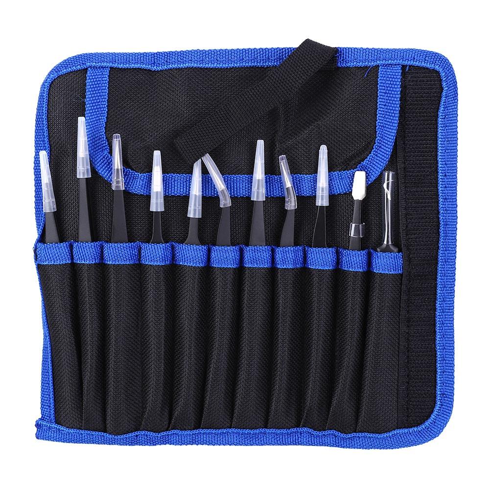 11Pcs Accuracy Tweezers Canvas Bag Set Stainless Steel Straight Ebow Anti Static Tool ESD(Tweezers