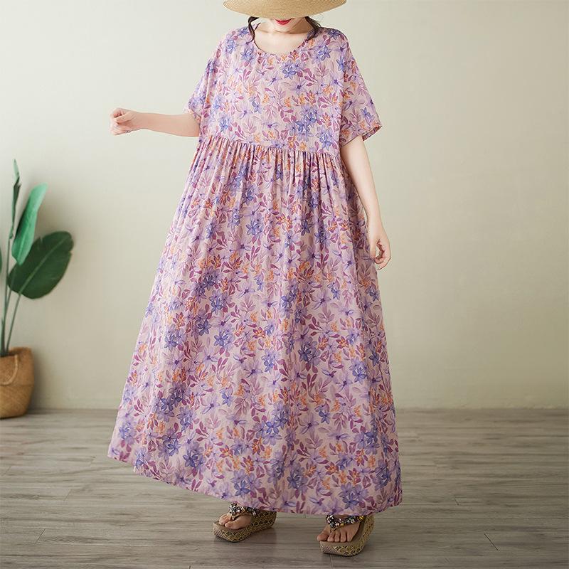 New Plus Size Summer Short Sleeve Printed Long Dress Plus Size One Size